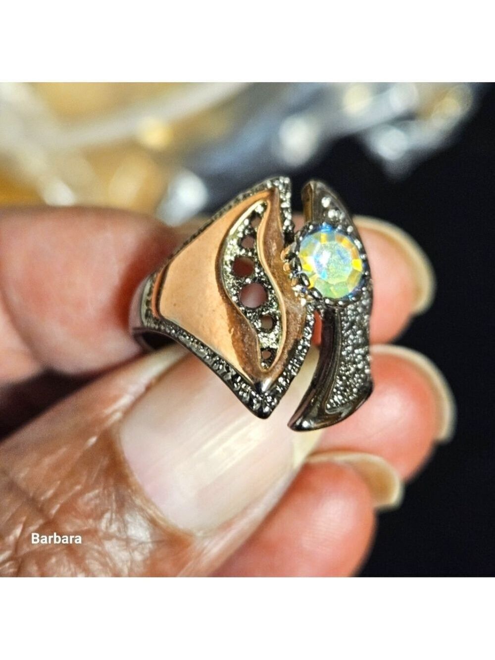 2-tone Silver-plate Hollow Wave Zircon Ring, Size 8